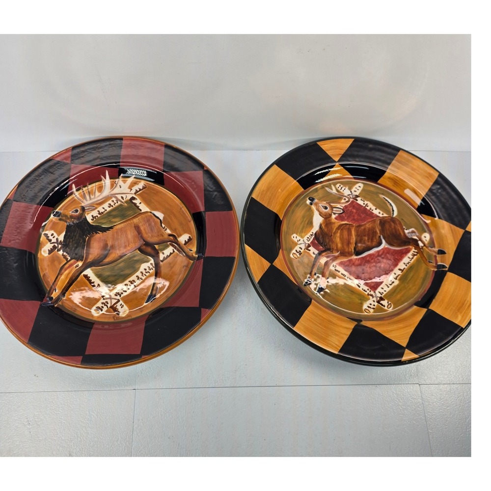 Zrike S. Riggsbee White Outpost Deer Dinner Plates Set of 2 Checkerboard 11"